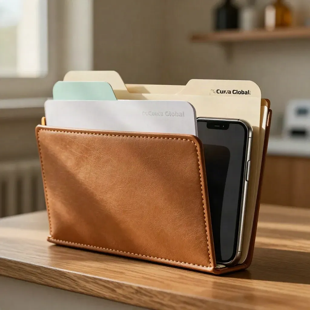 Three medical referral folders, leather pouch, and silent phone on a clinic ledge