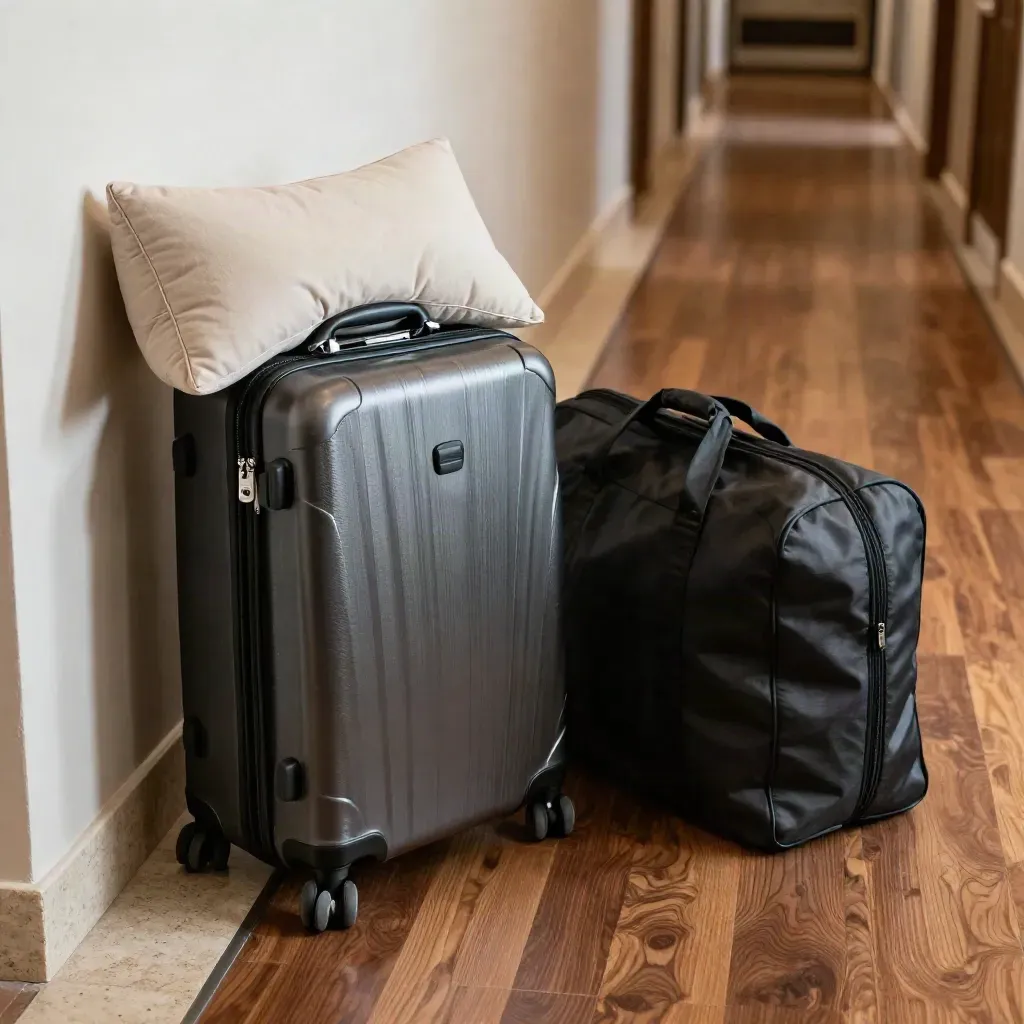 Travel-care set staged on a walnut hotel corridor floor for hospital transfer and check-in.