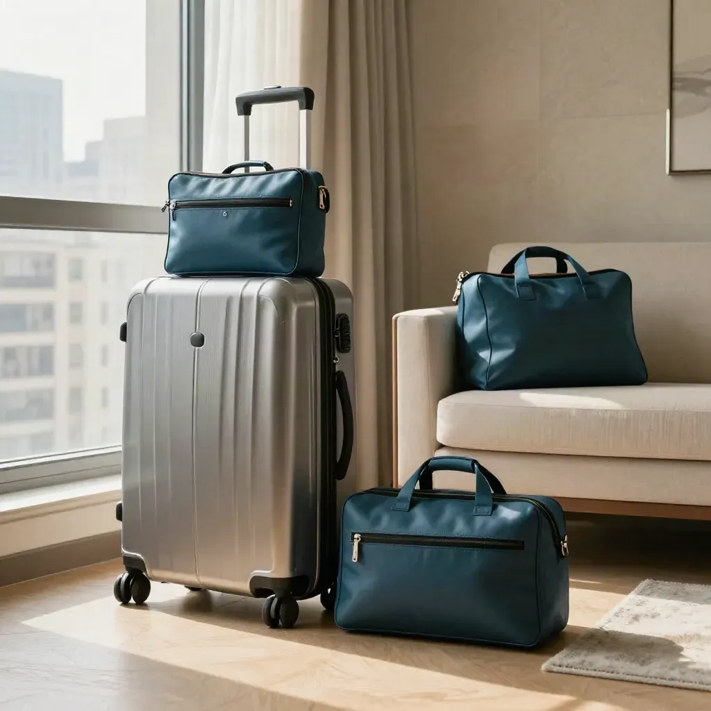 Hotel-suite travel kit and carry-ons by a window, ready for a medical trip abroad.