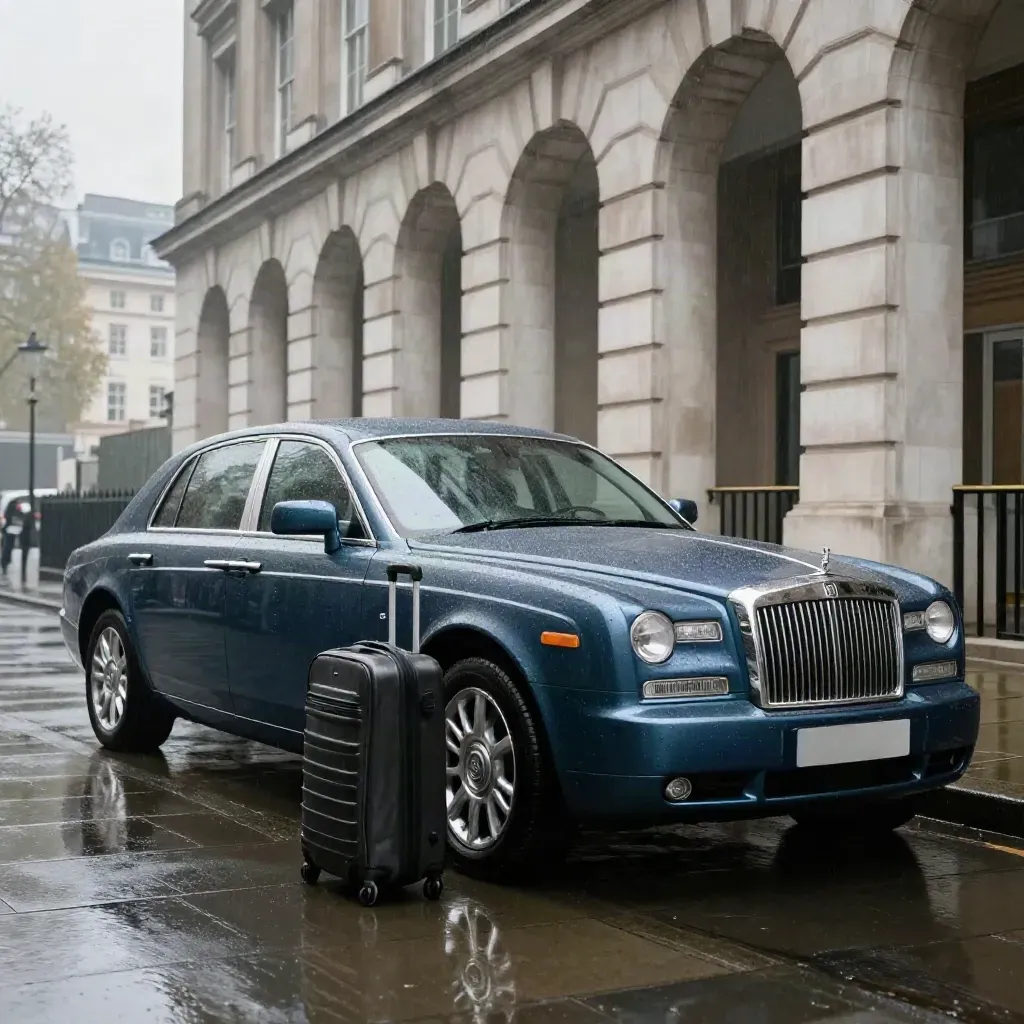 Rain-sheened London clinic drop-off bay with a chauffeur car and two carry-ons under a hospital facade.