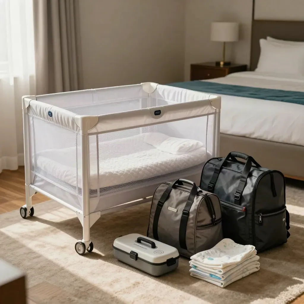 Prepared hotel suite with travel cot, folded stroller and overnight bags by soft curtains