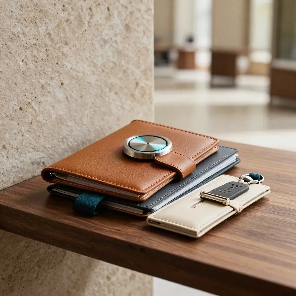 Leather travel case stack with passport holder, airline wallet, tracker disk and hotel key sleeve.