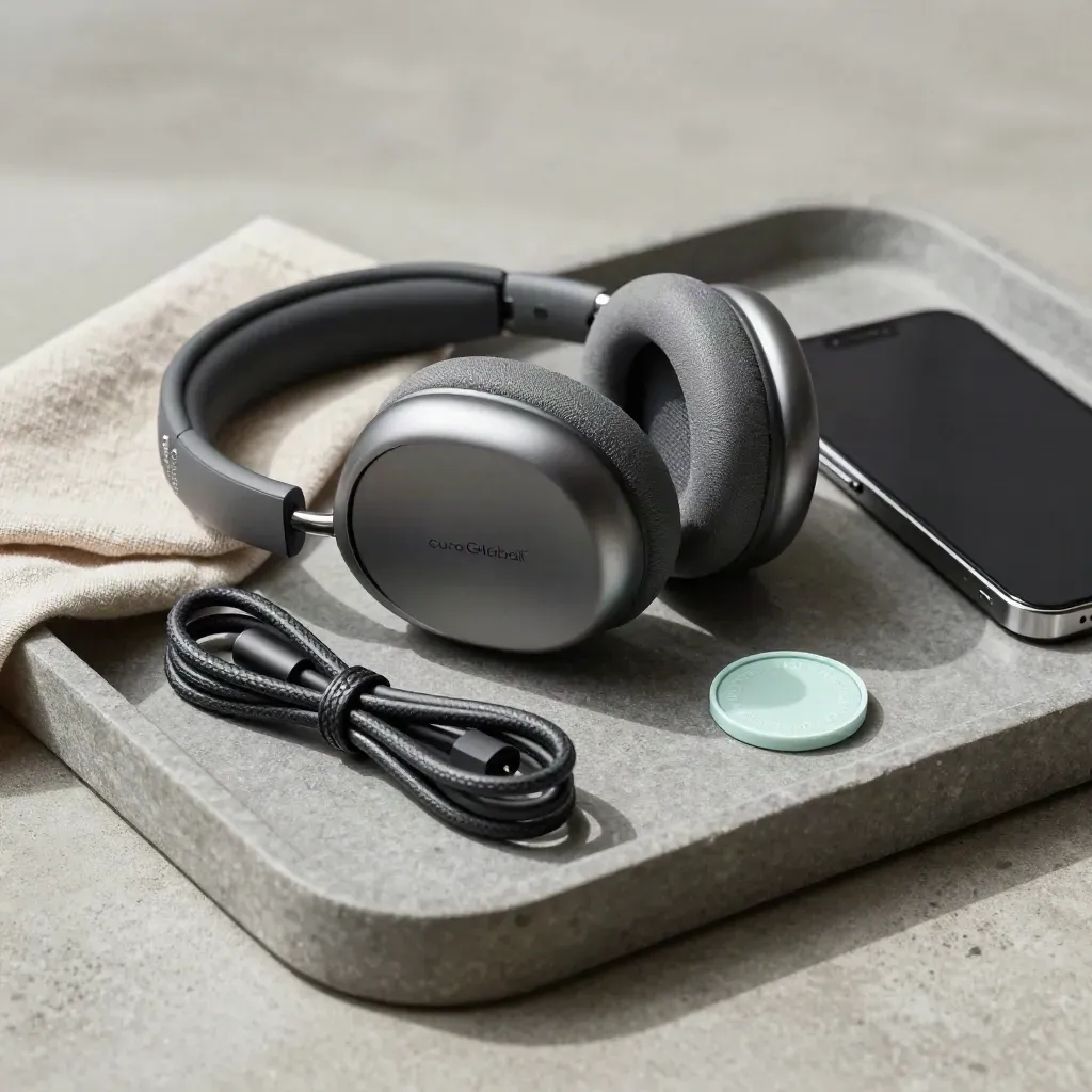 Headset, coiled cable, dark phone and mint token on a stone tray with linen