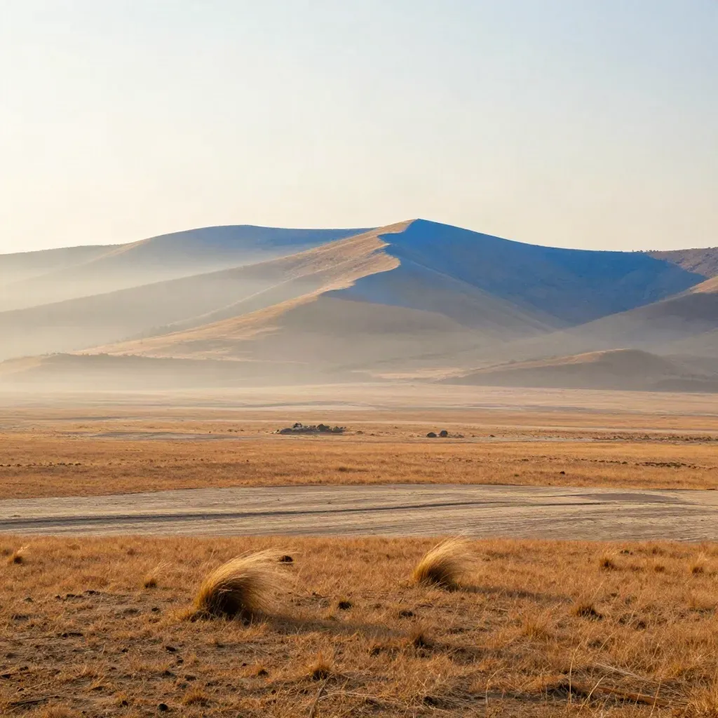 Kenyan ridge at dawn with Mount Kenya in mist and open ochre grassland